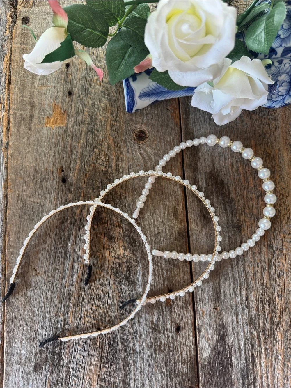 Set of 3 Faux Pearl Headbands – Gold Tone Metal Hair Accessories